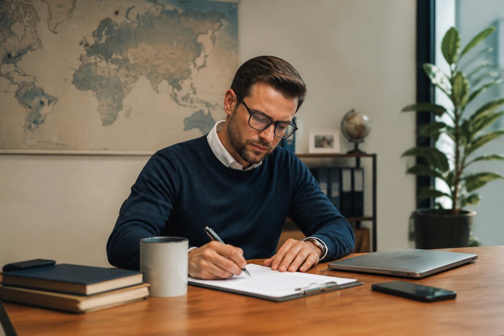 Unternehmer unterschreibt digitale Dokumente an einem Schreibtisch vor einer Weltkarte für die top 5 gründe für eine us llc