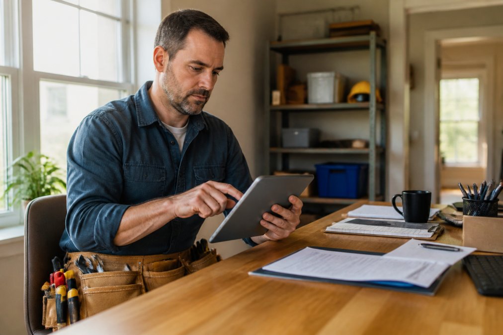 Professional handyman using tablet to manage customer leads and service scheduling in organized home office with computer setup