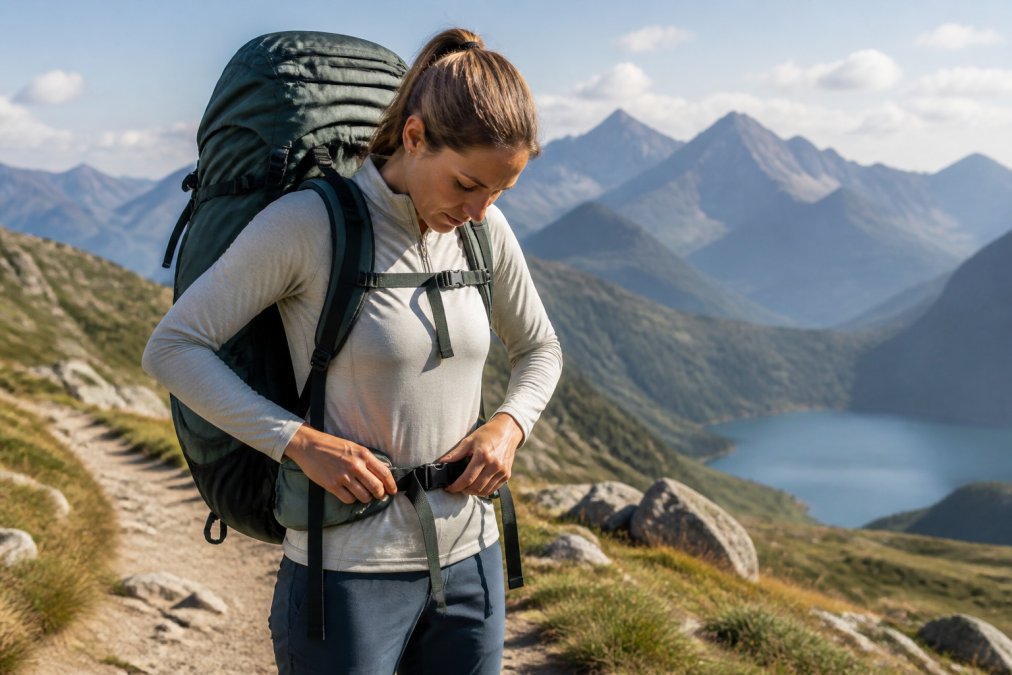 Hiker adjusting the hip belt and shoulder straps of a loaded pack on a mountain trail
