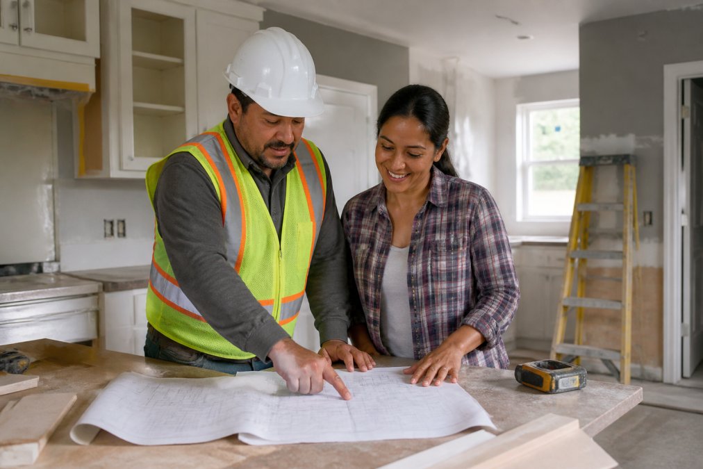 A professional contractor in a hard hat and safety vest reviewing blueprints with a homeowner inside a partially renovated kitchen, with construction tools and materials visible in the background