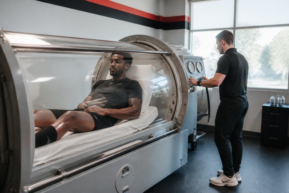 Professional athlete resting in a hyperbaric oxygen therapy chamber at a modern sports recovery facility