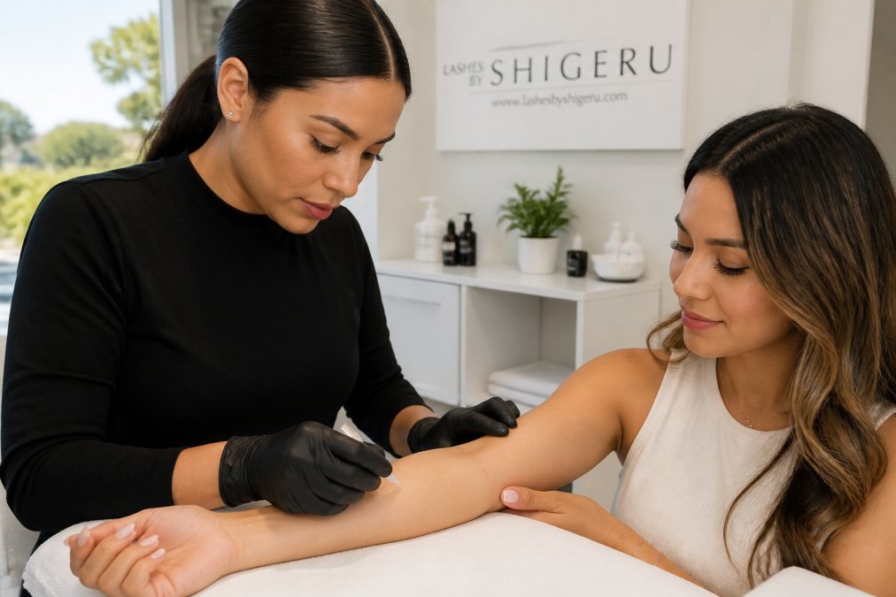 A lash artist carefully applying a small amount of hypoallergenic adhesive to a client's inner arm during a sensitivity patch test in a bright, professional salon setting with soft natural lighting