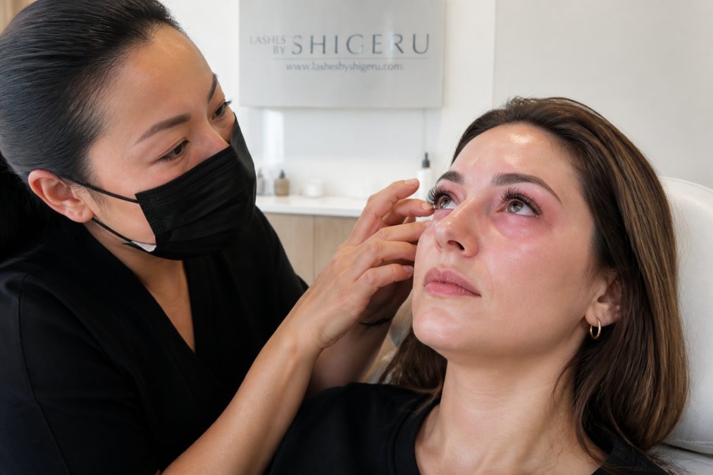 A close-up of a client's eye showing mild redness and slight puffiness around the lash line, with a professional lash artist gently examining the area during a post-application consultation in a clinical salon environment