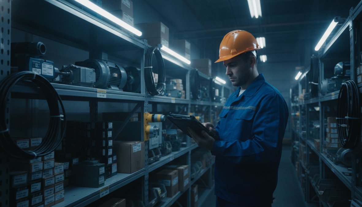 Professional illustration showing industrial component sourcing software