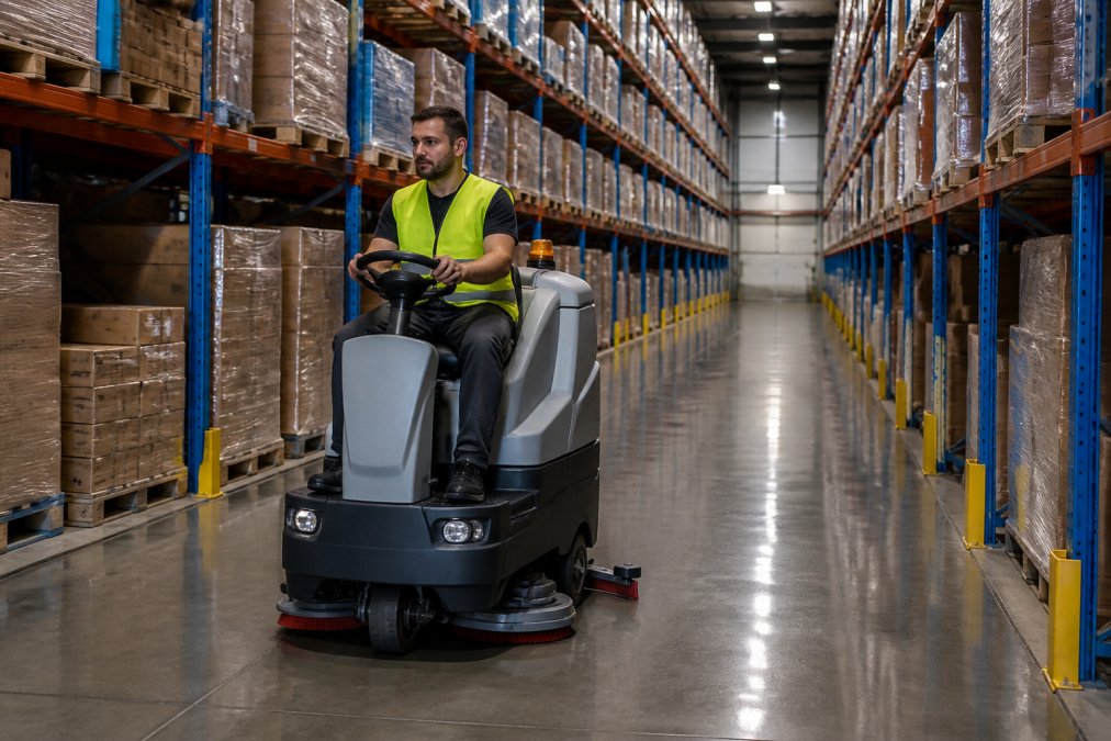 Worker operating a ride-on machine for industrial floor cleaning in a warehouse aisle with polished concrete