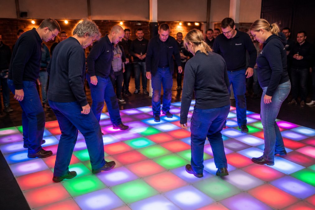 Team van acht werknemers in bedrijfskleding concentreren zich intensief terwijl ze op gekleurde LED-velden van een interactieve vloer stappen, met serieuze en geconcentreerde gezichtsuitdrukkingen, terwijl een groep aan de zijlijn toekijkt