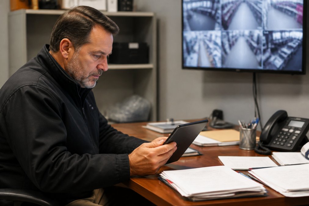 Retail store manager reviewing access control system on a tablet in the store office, with security monitors visible in the background