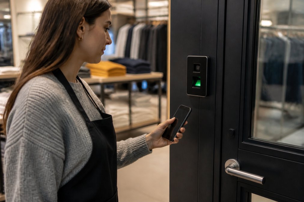 Close-up of a retail employee using a mobile phone to unlock a secure door, with a biometric reader panel mounted on the doorframe