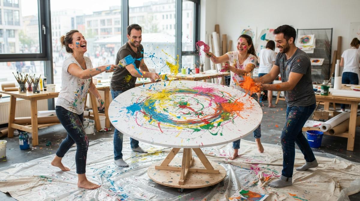 Gruppe von vier Personen beim Action Painting Workshop, die gemeinsam an einer großen weißen Leinwand arbeiten, bunte Farbtropfen fliegen durch die Luft, enthusiastische Gesichter, moderne helle Werkstatt mit Schutzfolien auf dem Boden