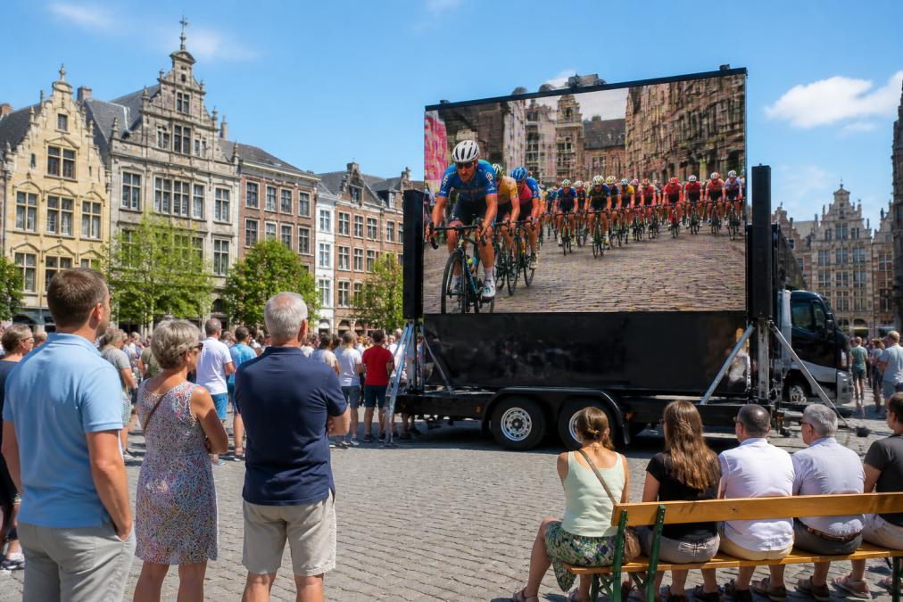 Een groot LED-scherm gemonteerd op een aanhangwagen op een stedelijk plein tijdens een evenement, met mensen die toekijken en het scherm helder verlicht in daglicht