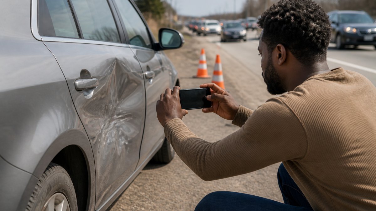 A person crouching beside a dented silver sedan on a roadside shoulder, holding a smartphone up to photograph the damaged door, with orange traffic cones and passing cars blurred in the background