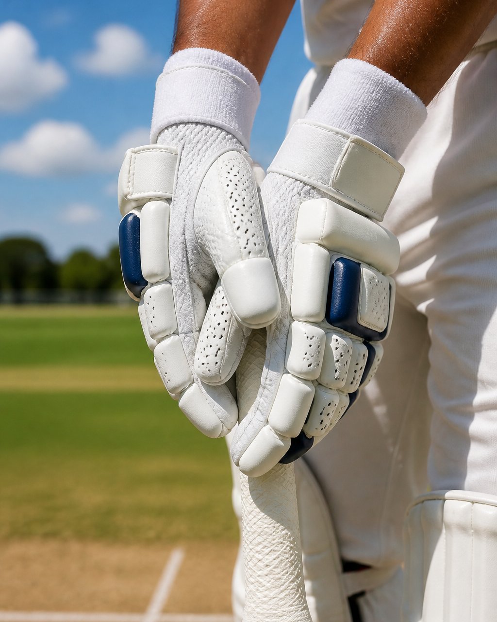 Cricketer gripping a bat handle wearing ventilated, lightweight gloves on a sunny day at the crease