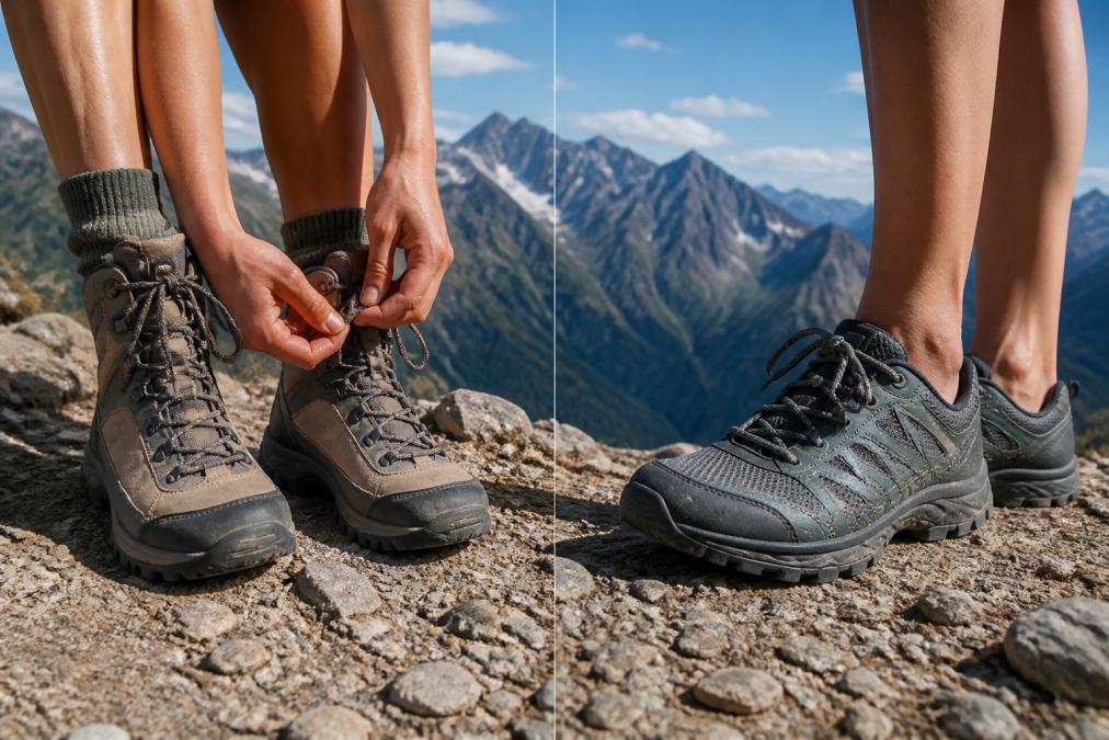 Woman adjusting laces on lightweight hiking shoes on a rocky mountain trail with scenic peaks in the background, natural sunlight illuminating the terrain