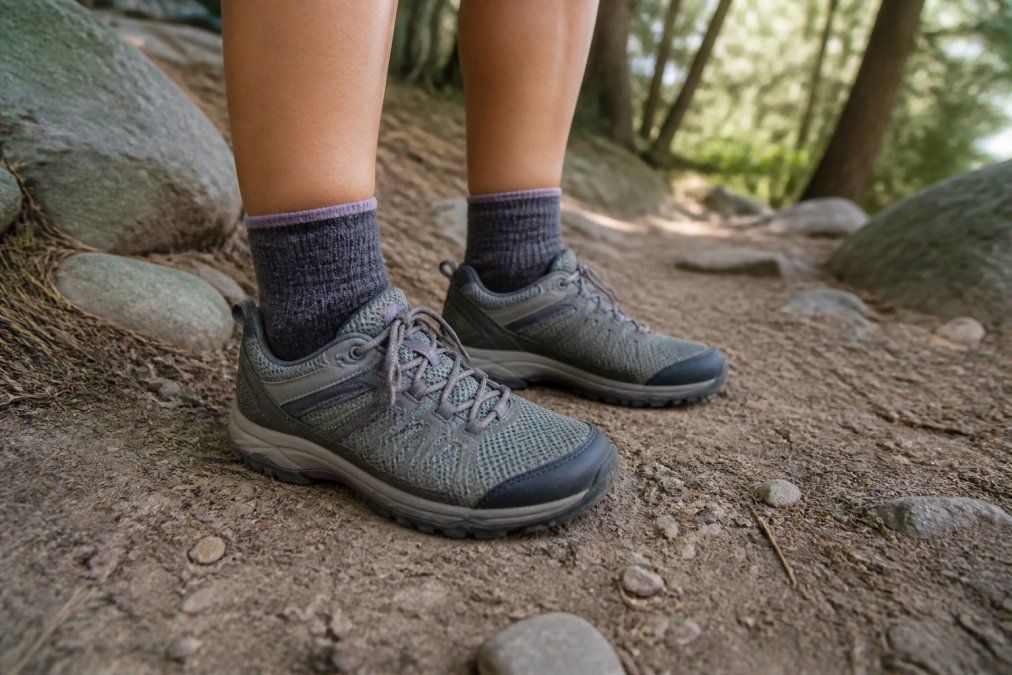 Close-up of a hiker's feet in lightweight hiking shoes on a dirt trail, showing proper fit and comfort positioning with natural outdoor lighting