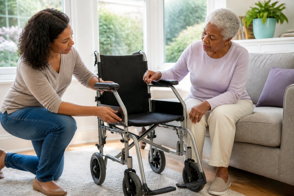 An older adult and caregiver examining a lightweight transport chair together in a bright home setting, discussing comfort and features