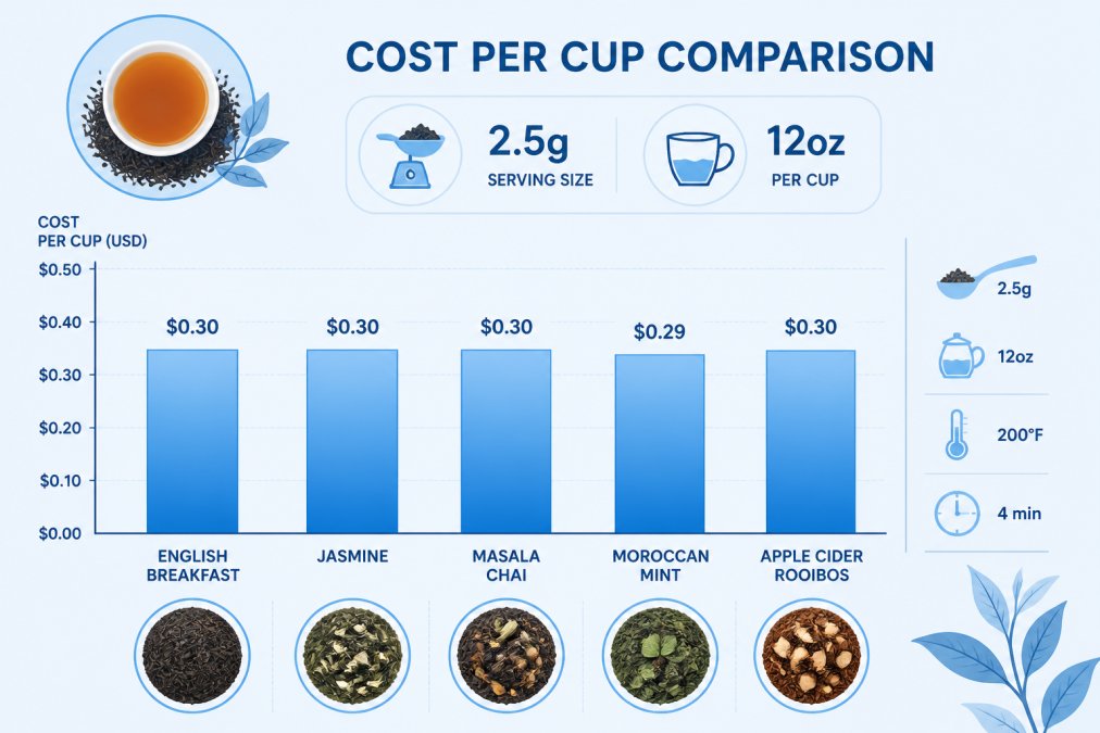 Bar chart comparing cost per cup across five teas at $17.99 per pouch: English Breakfast, Jasmine, Masala Chai, Moroccan Mint at $17.00, Apple Cider Rooibos, showing 2.5g serving size per 12oz cup