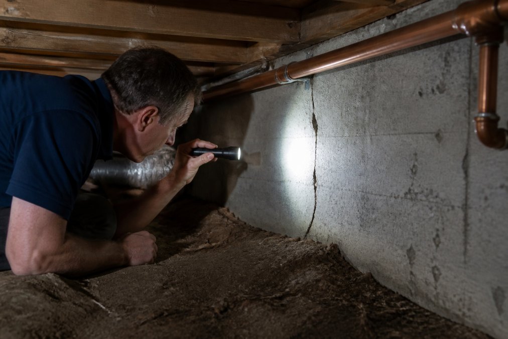 Home inspector in a residential crawl space examining a foundation crack with a flashlight, concrete walls and copper pipes visible, dramatic side lighting