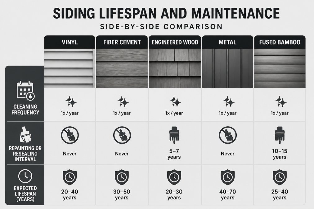 Comparison matrix of five siding materials (vinyl, fiber cement, engineered wood, metal, fused bamboo) rated across cleaning frequency, repainting or resealing intervals, and expected lifespan in years