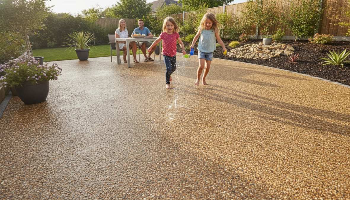 Family garden with finished resin bound patio area, children playing safely on the smooth, seamless surface with subtle aggregate finish, natural light highlighting the textured surface