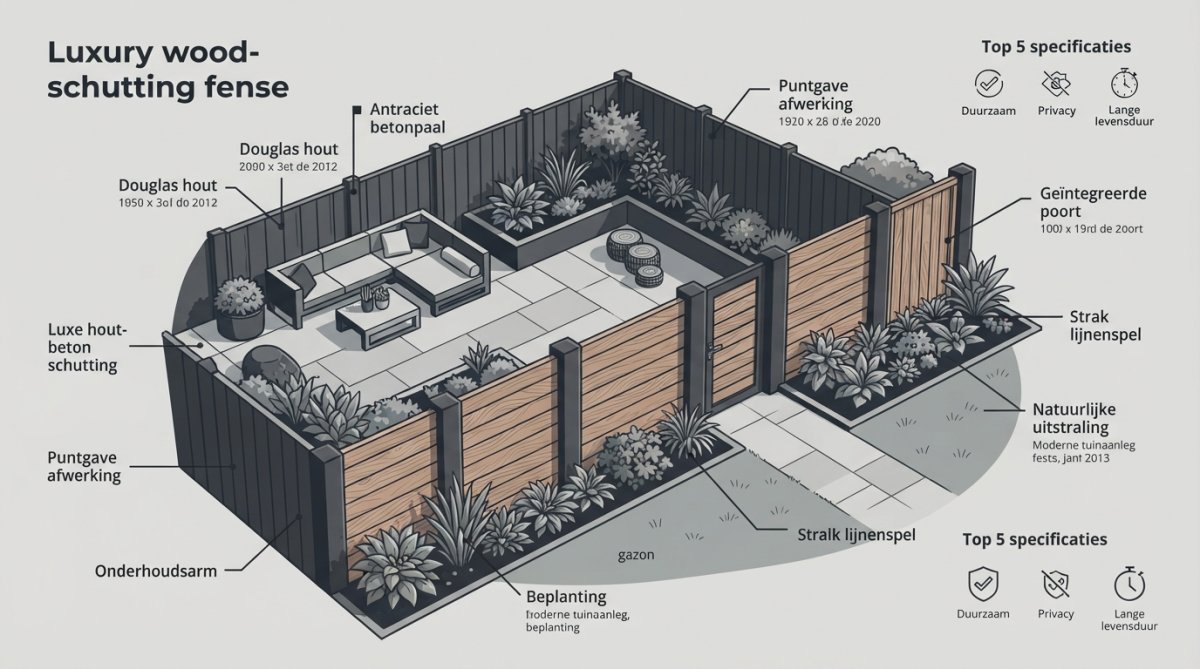 Infographic met vergelijking van luxe hout-beton schuttingen in Douglas hout en antraciet beton voor moderne tuinen.