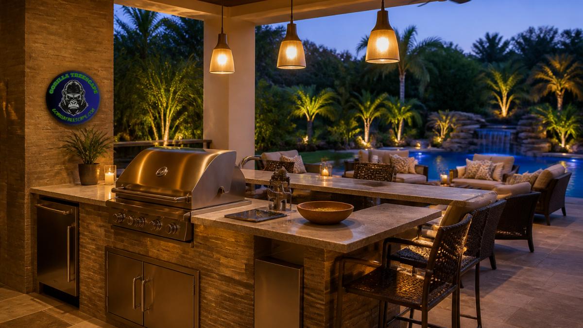 A sprawling backyard entertainment space at dusk with a built-in stainless steel grill, stone countertops gleaming under warm pendant lighting, comfortable lounge seating, and lush tropical landscaping framing the scene