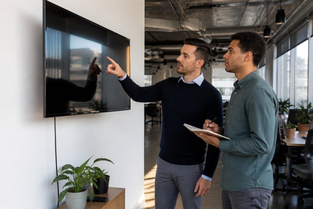 Two IT staff in a small open-plan office pointing at a security status dashboard on a wall-mounted monitor, one holding a notepad, afternoon light through side windows