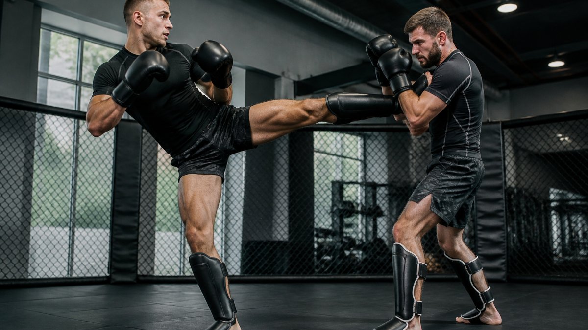 MMA-vechter tijdens intensieve sparringsessie met scheenbeschermers aan, voert trap uit tegen trainingspartner in moderne trainingshal met fel licht