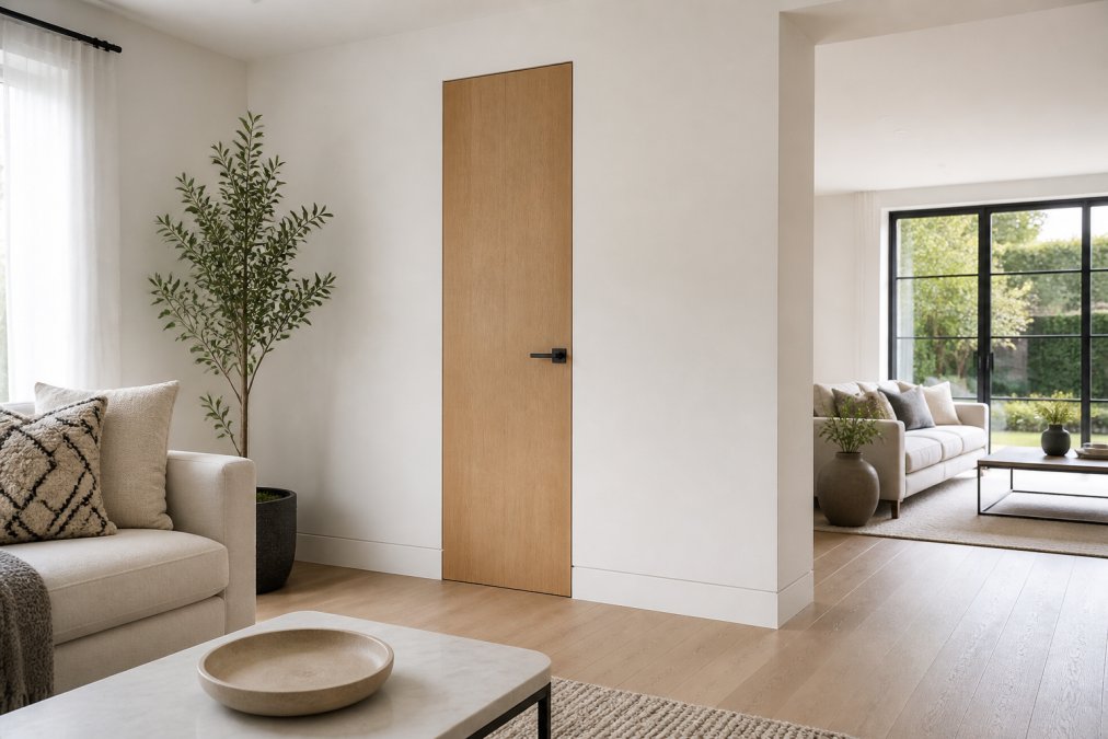 A bright, modern living room with a minimalist flush oak internal door set flush into a clean white wall, seamless integration with the skirting board, natural daylight flooding the space
