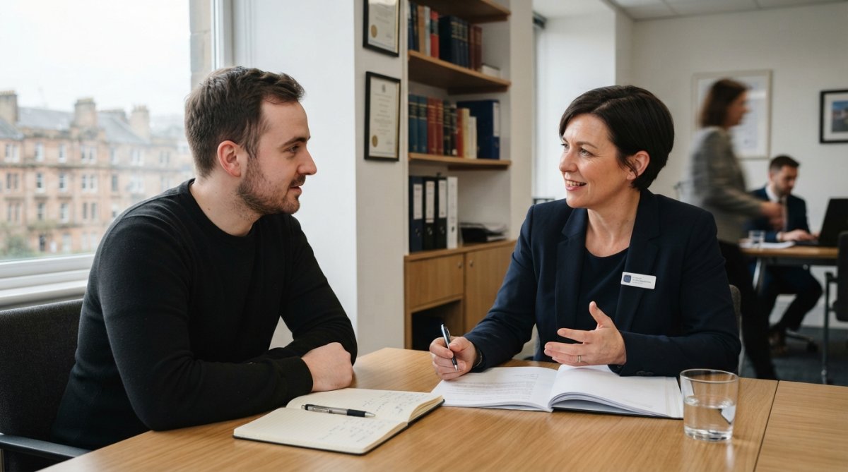 Professional solicitor meeting with injured client in modern Glasgow office, reviewing compensation claim documents and discussing legal strategy with natural window lighting