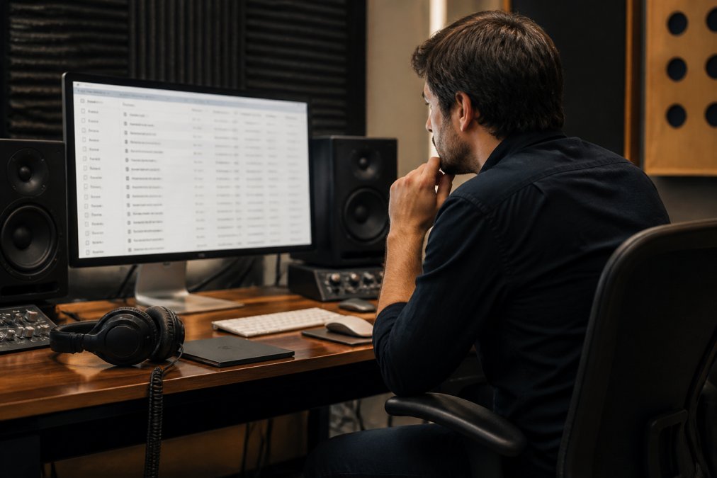 Music label manager reviewing catalog metadata and royalty reports on a desktop monitor