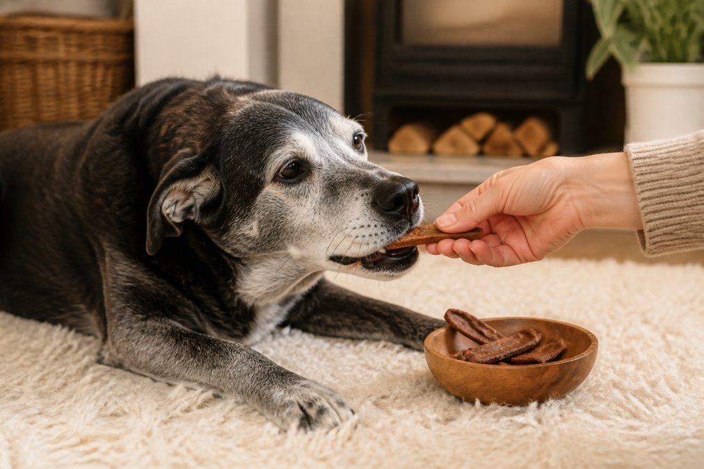 A senior dog with a greying muzzle lying comfortably on a soft rug in a warm home, gently taking an air-dried treat from a person's hand