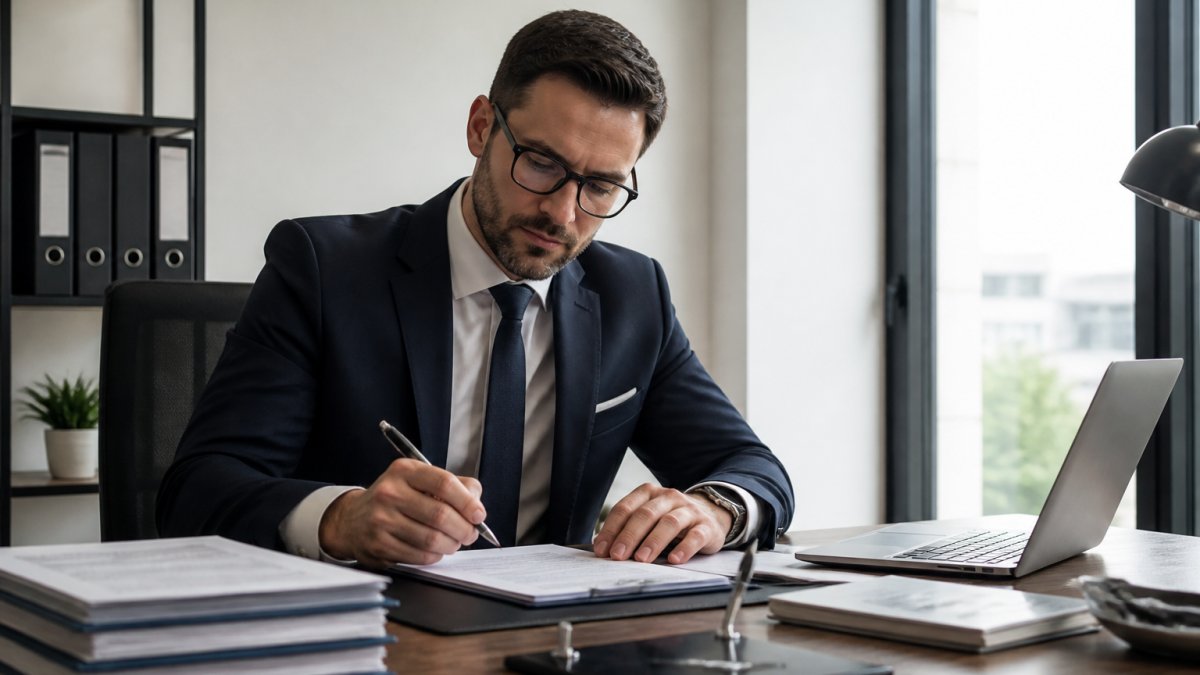 International business professional in modern office reviewing corporate formation documents and signing paperwork with laptop and files on desk, natural office lighting