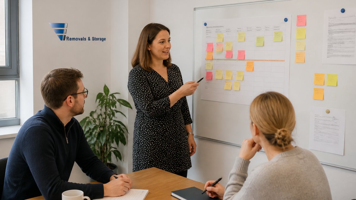 Office manager explaining a project timeline for effective office move communication using a whiteboard and notes.