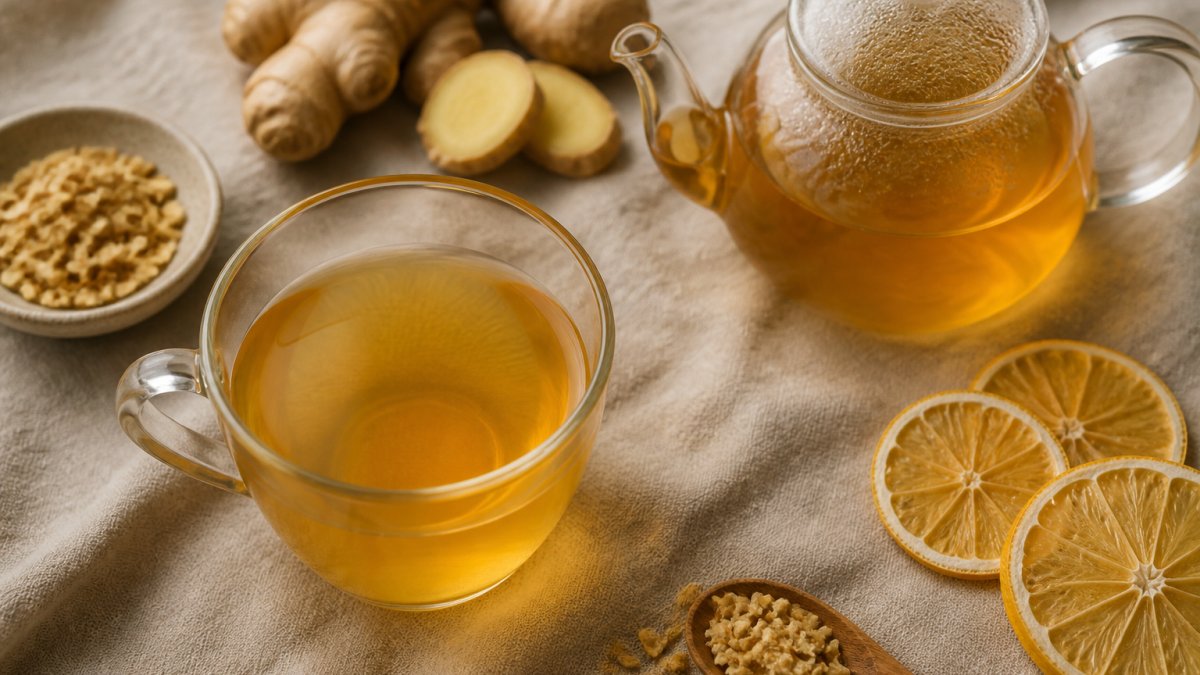 Warm cup of golden herbal tea with dried ginger and lemon slices on a linen cloth in morning light