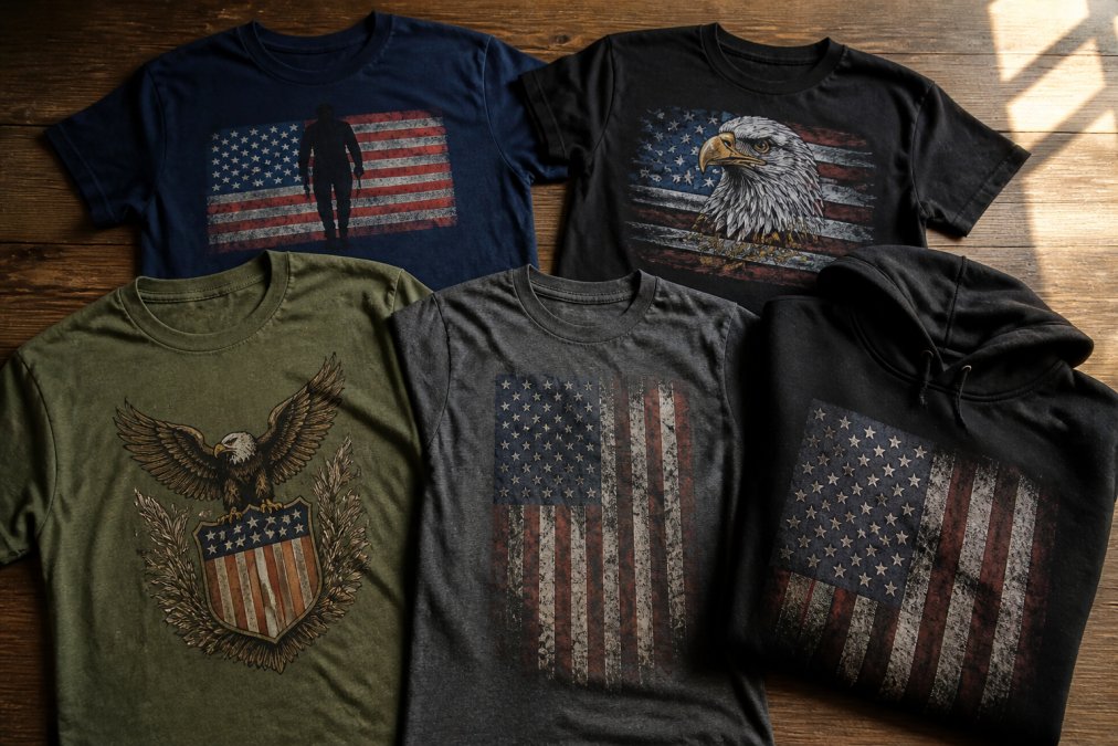 A flat lay of five different patriotic t-shirts and hoodies on a wooden table, each with distinct American flag or eagle graphics, shot from above in natural window light