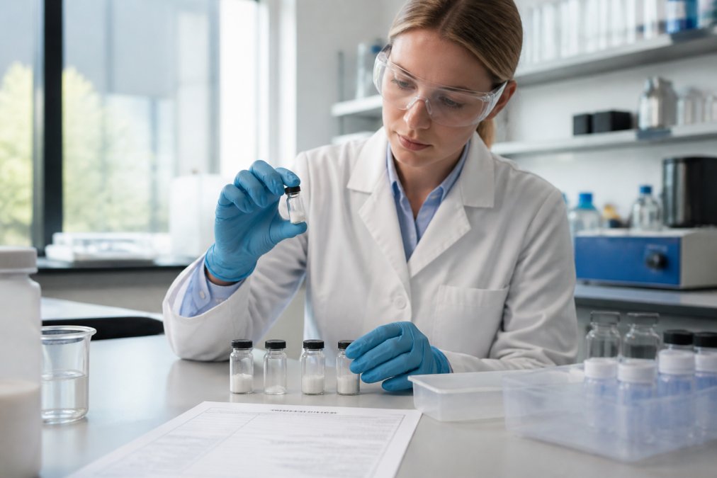 Professional researcher examining lyophilized peptide vials in laboratory setting with Certificate of Analysis document visible on bench, natural laboratory lighting