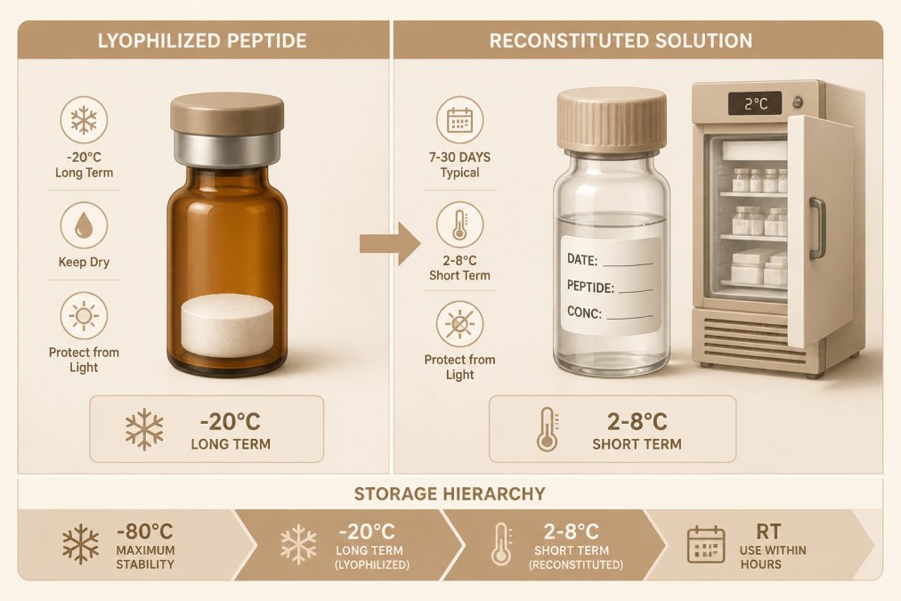 Side-by-side comparison showing lyophilized peptide vial in amber glass next to reconstituted solution in labeled storage vial with temperature-controlled freezer in background, demonstrating proper storage hierarchy