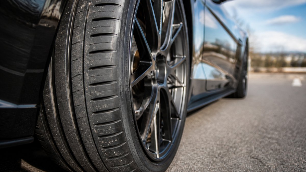 Close-up of a high-performance tire mounted on a sports car wheel, showing detailed tread pattern and sidewall markings in bright daylight with shallow depth of field