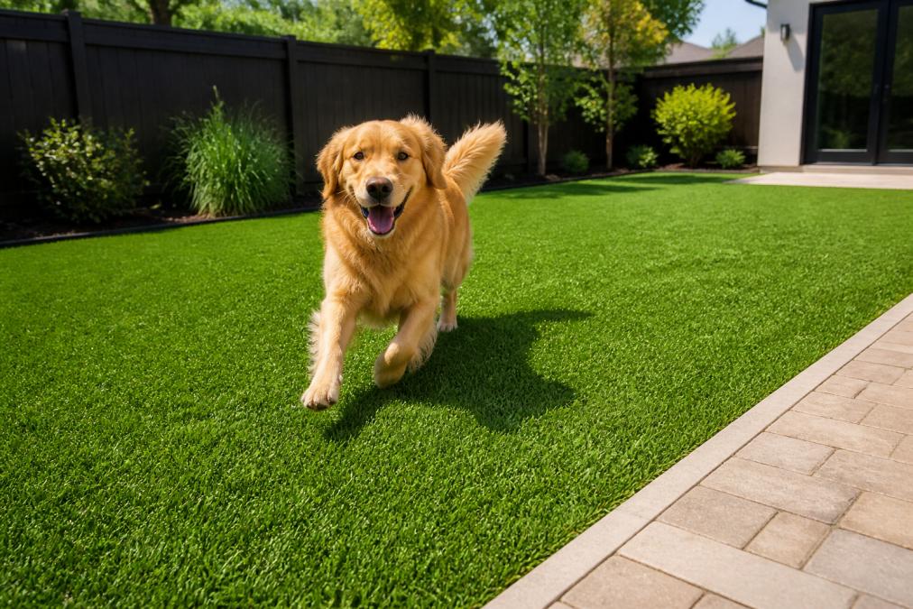 A happy golden retriever mid-stride on lush green artificial turf in a sunny backyard, clean patio edge visible, no mud anywhere