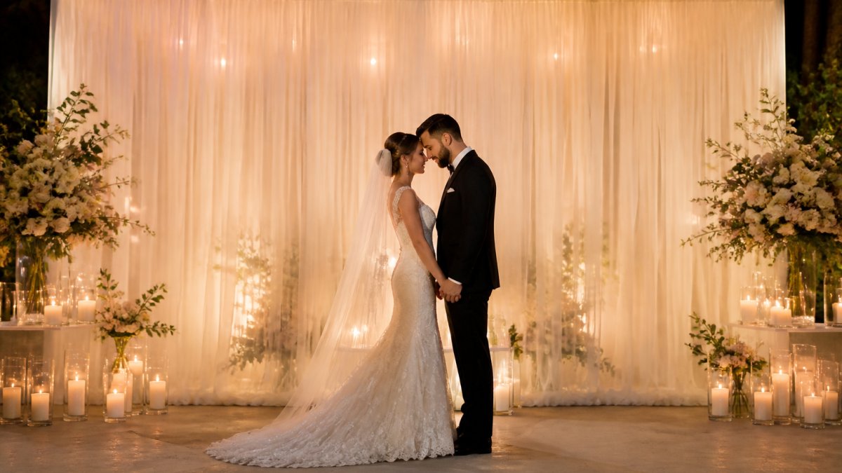 Bride and groom standing in front of a sheer ivory drape backdrop with soft candlelight and floral arrangements visible through the fabric, romantic garden-inspired lighting from behind