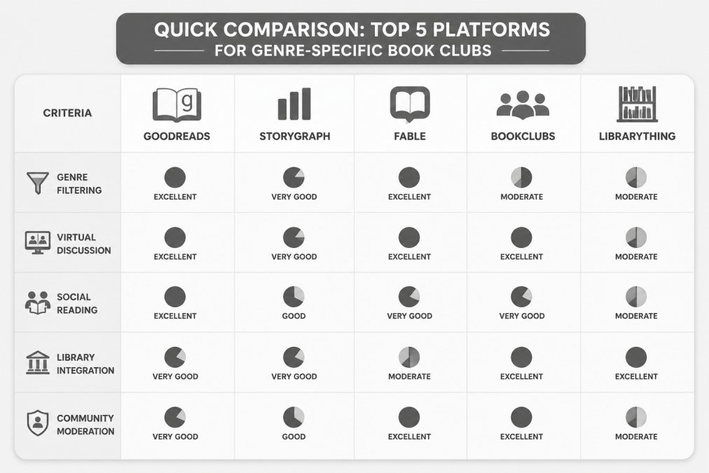 Comparison matrix of Goodreads, StoryGraph, Fable, Bookclubs, and LibraryThing across five criteria: genre filtering, virtual discussion, social reading, library integration, community moderation