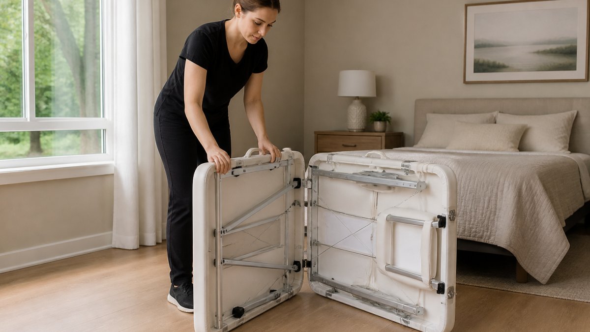 Professional esthetician setting up a lightweight aluminum portable massage table in a residential bedroom, showing the table being unfolded from its carrying case with natural window lighting