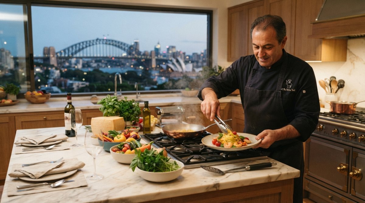 Professional chef plating an elegant Italian dish in a home kitchen, with fresh herbs and quality ingredients visible on the counter, natural window lighting