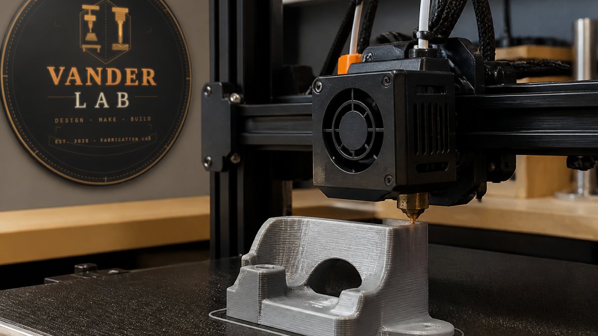 Close-up of a desktop 3D printer extruding molten filament onto a build platform, with a partially completed prototype part visible showing layer lines and precision detail