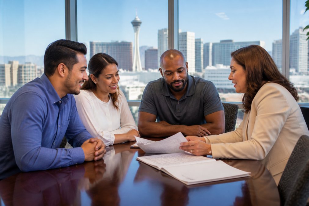 Comparison chart of the top 5 rated insurance agencies in Las Vegas featuring agents and clients in a city office.