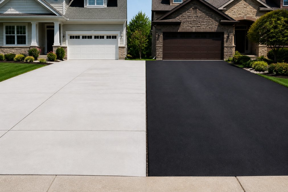 Split-screen view showing a finished concrete driveway with clean gray surface on one side, and an adjacent asphalt driveway with dark black surface on the other side, both in residential settings with homes and landscaping visible