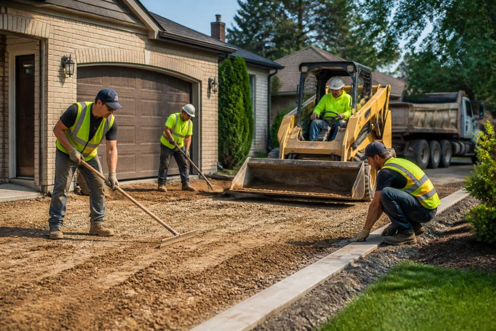 Professional construction crew working on a residential driveway replacement project, with workers in safety gear operating equipment and preparing the site for concrete or asphalt installation, showing active site preparation and equipment in use