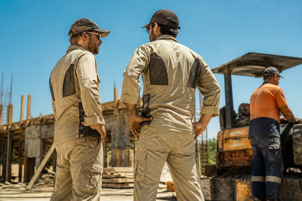 Construction crew working on a hot summer day wearing ripstop cargo shirts and trousers with visible mesh ventilation panels, standing on an active job site under clear blue sky with intense sunlight
