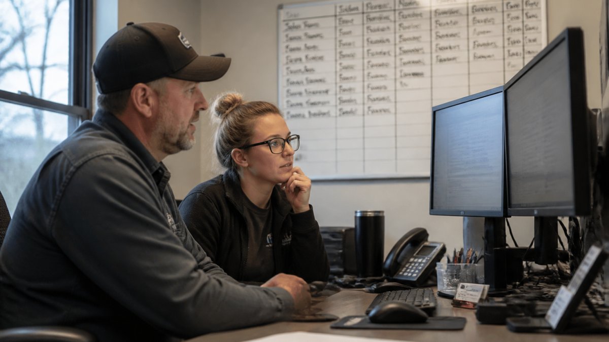 A service business owner and an office administrator reviewing scheduling data on two monitors in a small office, with a whiteboard of job assignments visible behind them