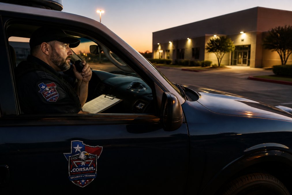 A uniformed security officer in a marked patrol vehicle conducting a site check at a Texas commercial property at dusk, with a clipboard and radio visible on the dashboard